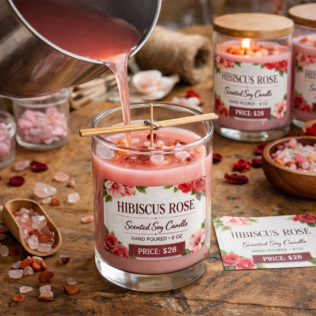 Nadine hand-pouring a Hibiscus Rose candle
